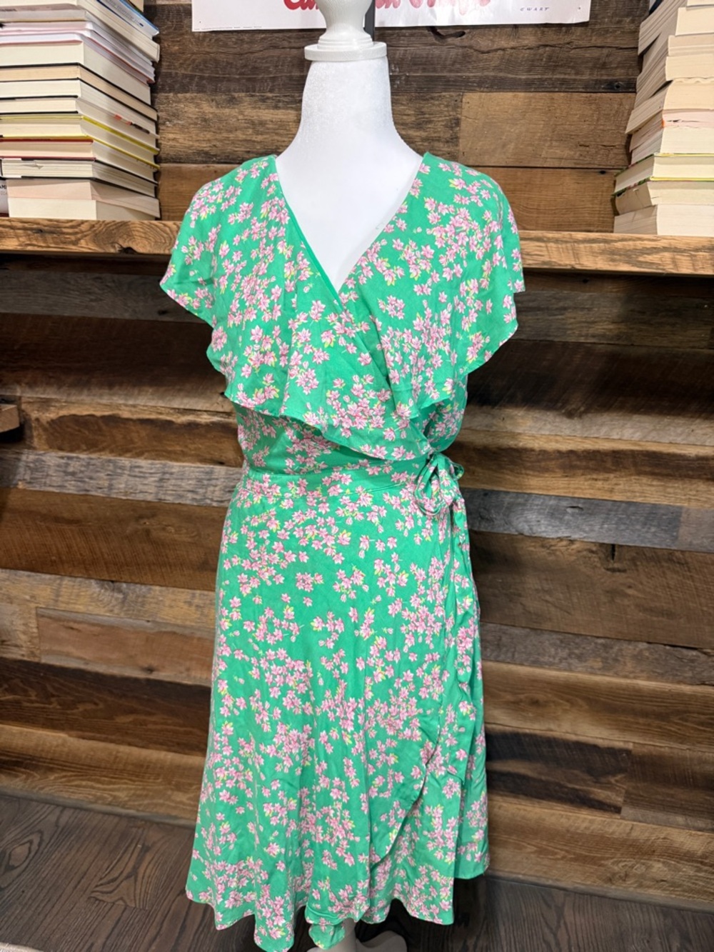 Draper James Green Floral Wrap Dress with Pink Blossoms